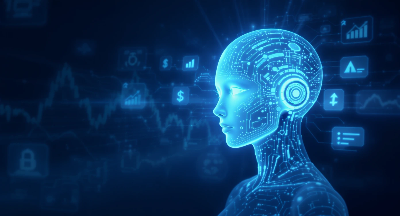 Digital human AI interface with data visualization, finance and technology icons