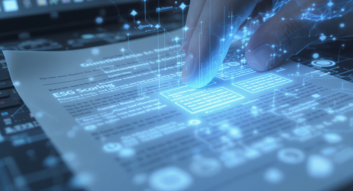 Futuristic interaction with ESG scoring document using AI and data visualization overlay