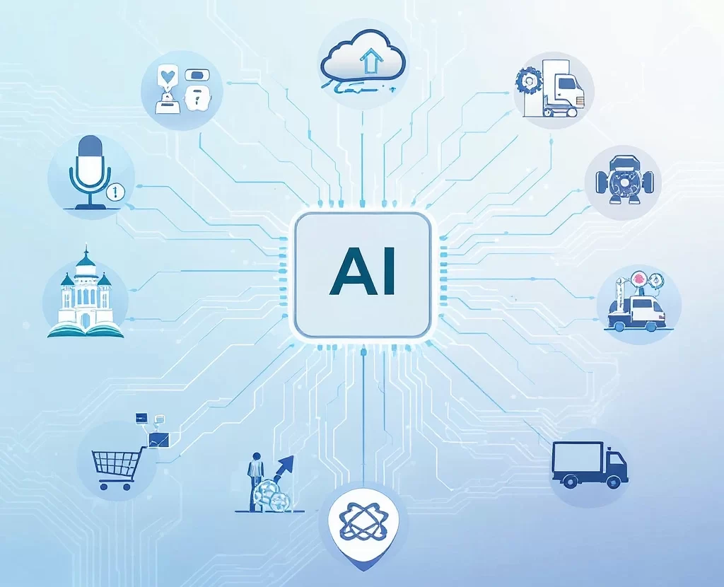 Artificial intelligence applications diagram showing AI at the center connected to various industries, including cloud computing, logistics, automotive, manufacturing, retail, healthcare, science, education, and voice technology, illustrating AI’s integration into real-world sectors.