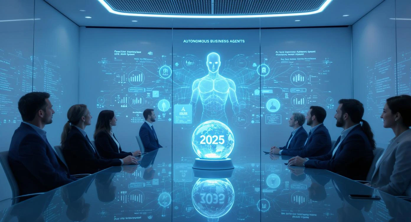 Futuristic business meeting in 2025 with executives discussing autonomous AI business agents, featuring holographic data visualizations, predictive analytics, and digital transformation strategies.