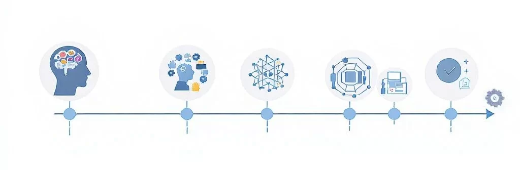 AI adoption journey infographic showing stages from conceptual thinking, machine learning model development, and neural network integration to business process automation, data-driven decision-making, and corporate implementation — illustrating the transformation from theory to boardroom.