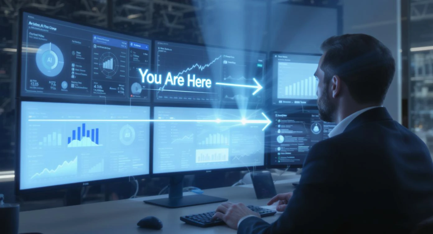 Business professional analyzing AI-powered data dashboards with performance metrics, predictive analytics, and financial charts, featuring a glowing 'You Are Here' indicator to show current position in digital transformation.